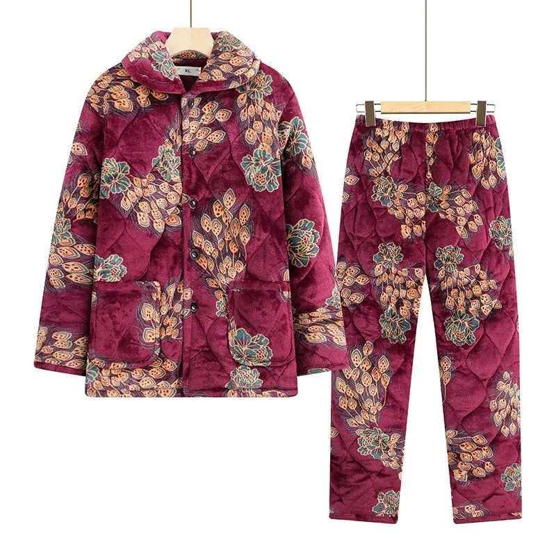 Middle Aged Elderly Women\'s Pyjamas Winter Sleepwear Fashion Thickened Warm Cotton Coat Pants Suit Grandma Home Clothing 2023