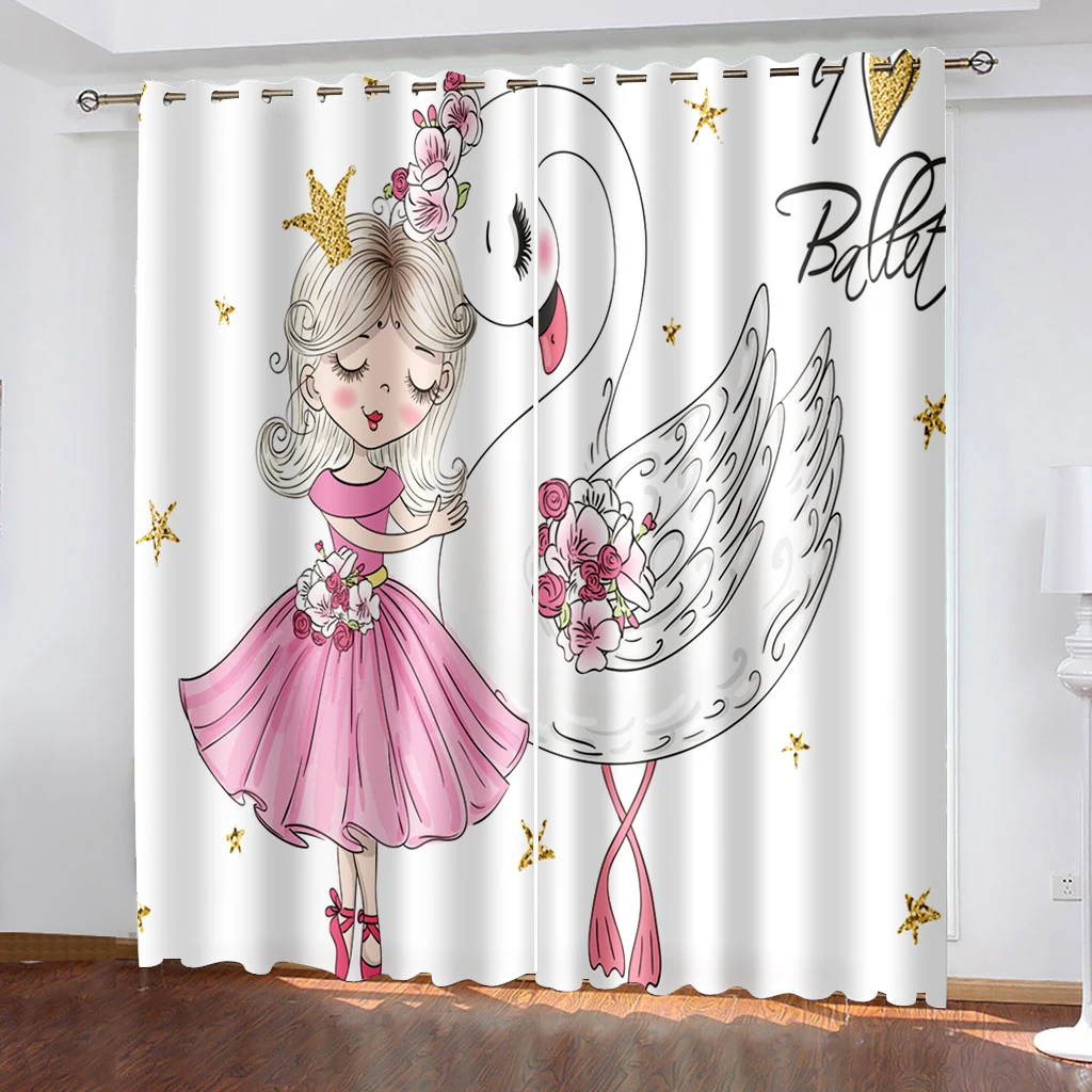 Elegant Black Swan Window Curtain, Cartoon Ballerina Print Curtains, Home Decor, Drapes for Baby, Children Bedroom, Living Room,