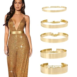 Fashion Full Metal Wide Waist Belt Mirror Gold Silver Plate Dress Belts with Adjustable Chain Ladies Shiny Polished Waist Belts