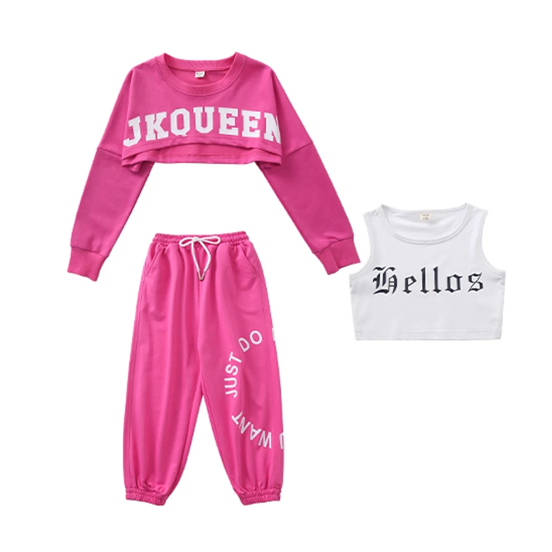 Vêtements rose Kpop Hip Hop pour filles, hauts à manches longues, pantalons amples, vêtements d'entraînement de Jazz, Costume de spectacle de Concert pour enfants BL9166