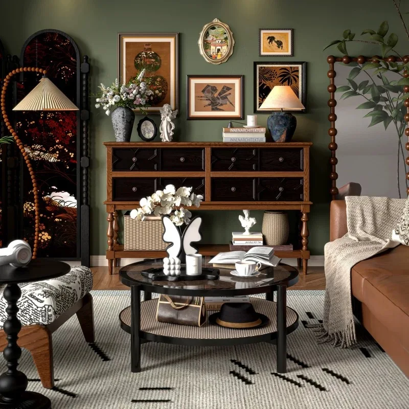 French retro solid wood entrance table, neoclassical black partition, wall locker, all solid wood entrance table