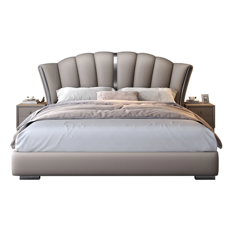 

Italian light luxury leather bed, small double bed modern