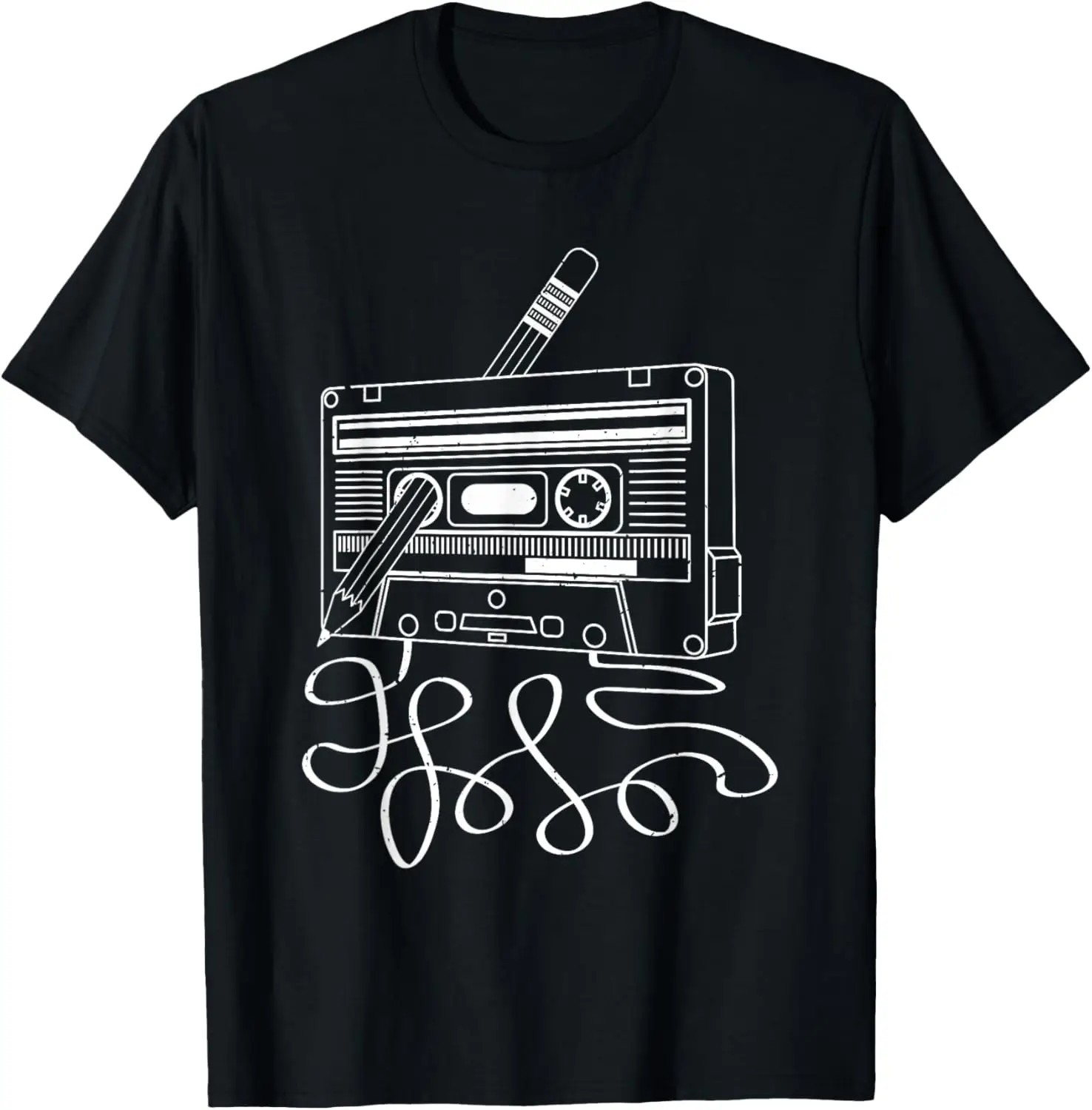 Cassette Tape Pencil Rewind Vintage 70s 80s 90s Graphic Tee Soft Cotton Casual T-Shirt