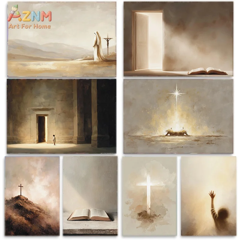 AZNM Neutral Christian Cross Canvas Wall Art Jesus Bible Religious Vintage Painting Faith Home Wall Decor Unframed