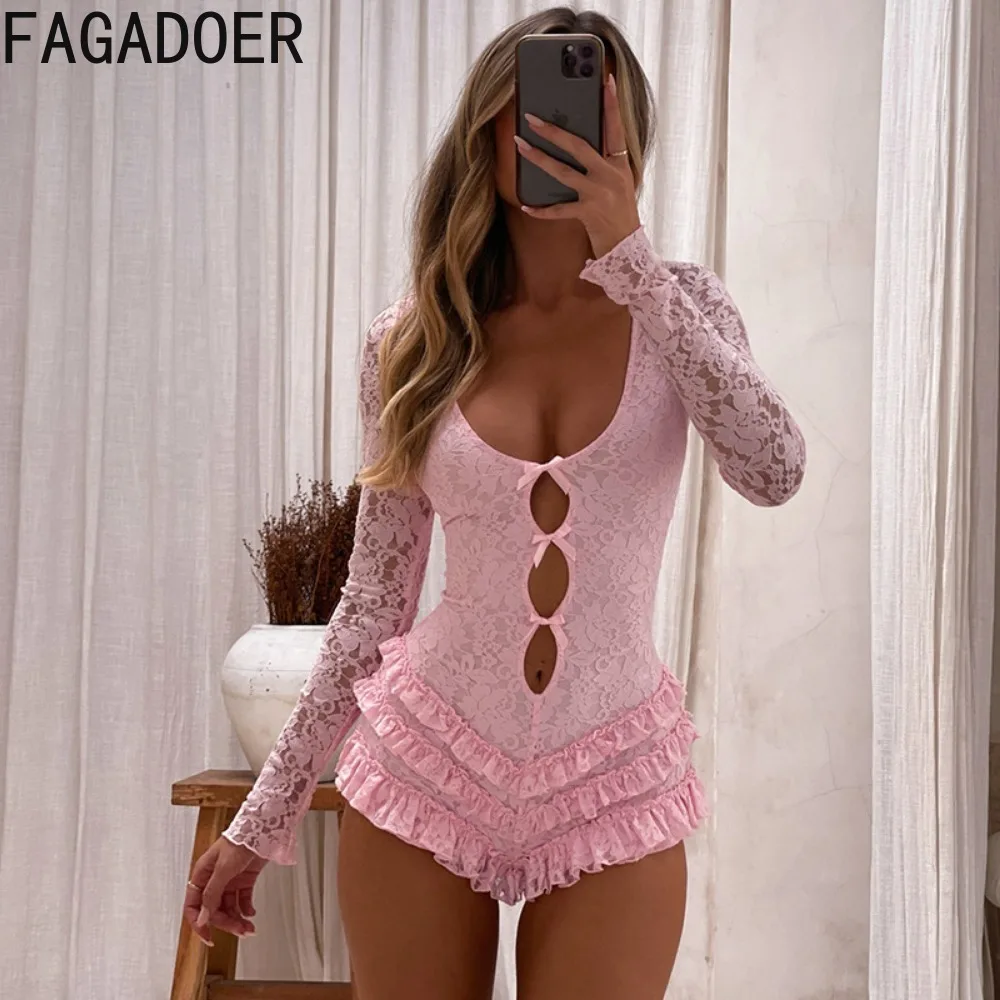 FAGADOER Pink Lace One Pieces Rompers Women Sexy Hollow Bow Patchwork Ruffle Ruched Bodysuits Overalls Hot Girl Party Clubwear