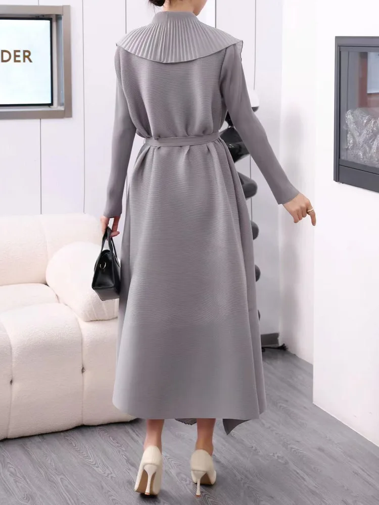 Miyake Pleated Ruffle 2 Piece Set Belt Long Trench Coat + Sleeveless Dresses Elegant Female Fashion 2024 Autumn New Clothing