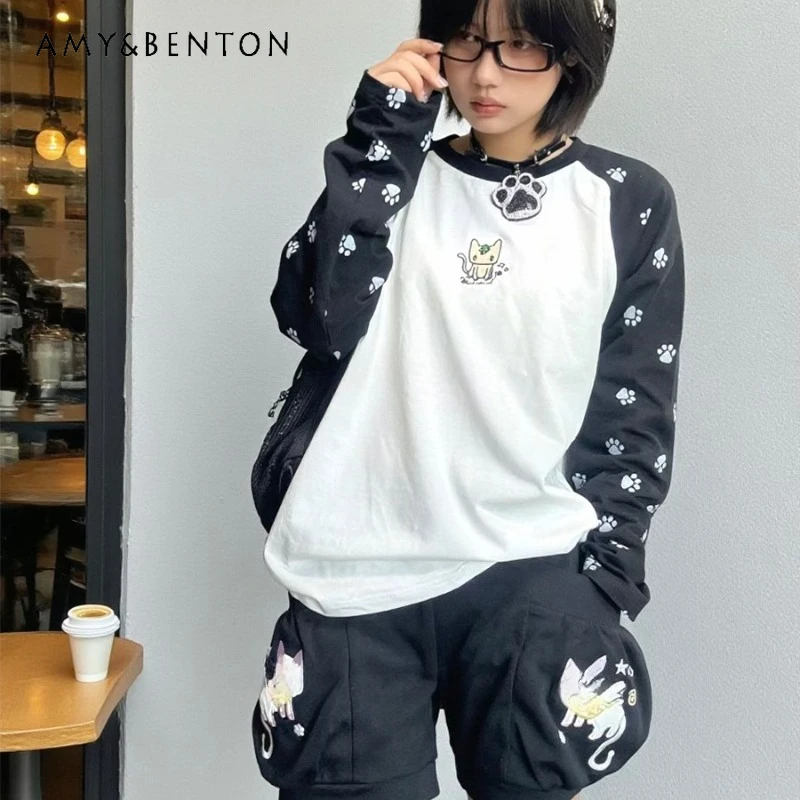 

Autumn New Design Animal Embroidery Print Women's Long Sleeve top Japanese Black White Splicing Sweet Versatile T-Shirt Ladies