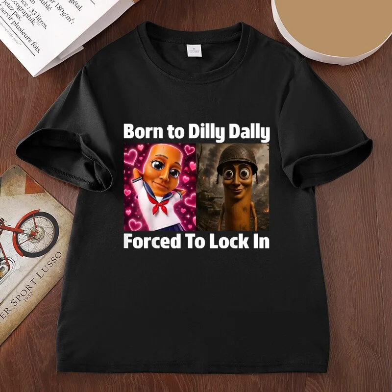Men Women's Casual Graphic T Shirts Born To Dilly Dally Forced To Lock in Tung Tung Sahur Meme T-Shirt Short Sleeve Clothing