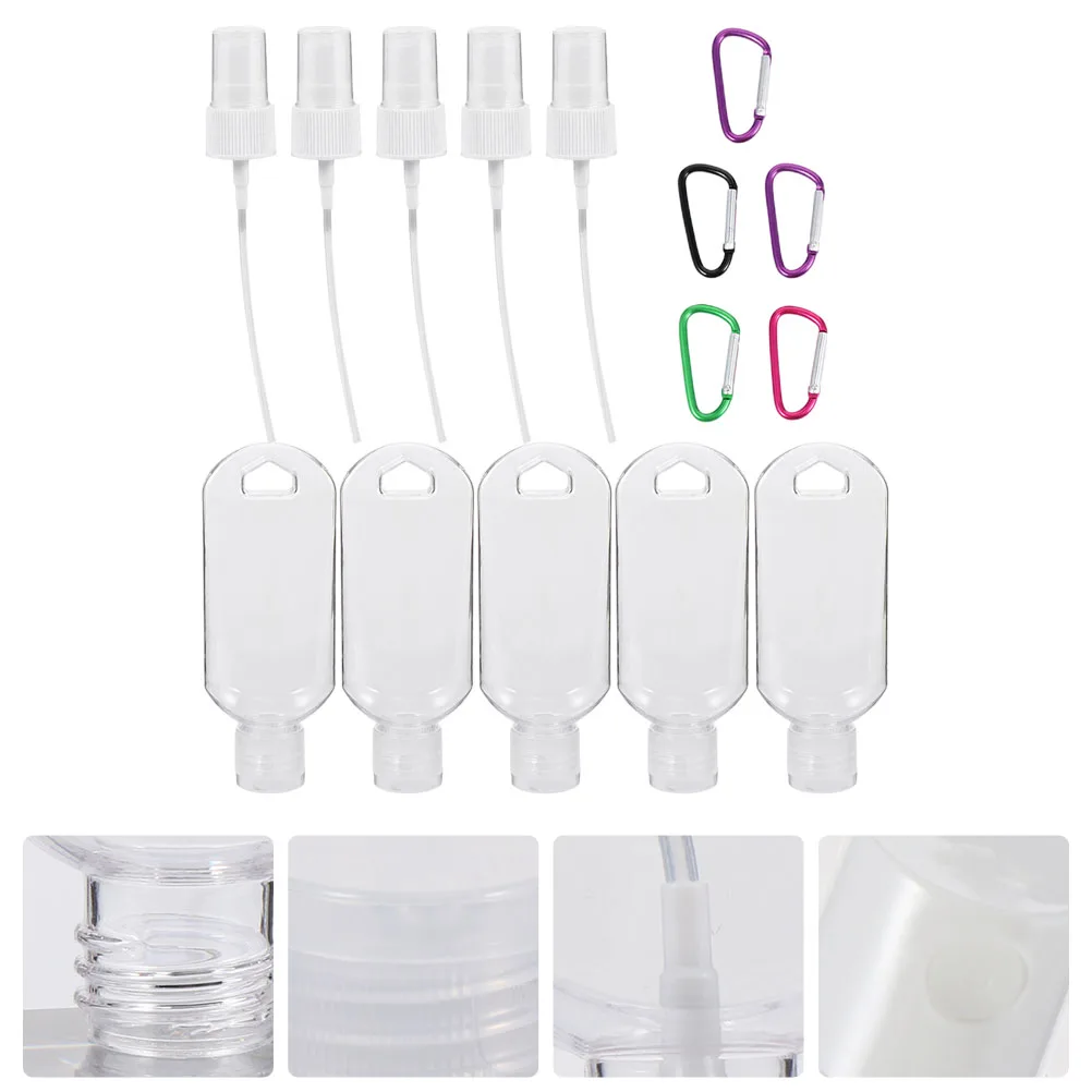 Juego de 5 botellas de viaje recargables de 60Ml con gancho, cabezales de compresión de pulverización desmontables a prueba de fugas para cosméticos de manos, baño corporal, 5 juegos