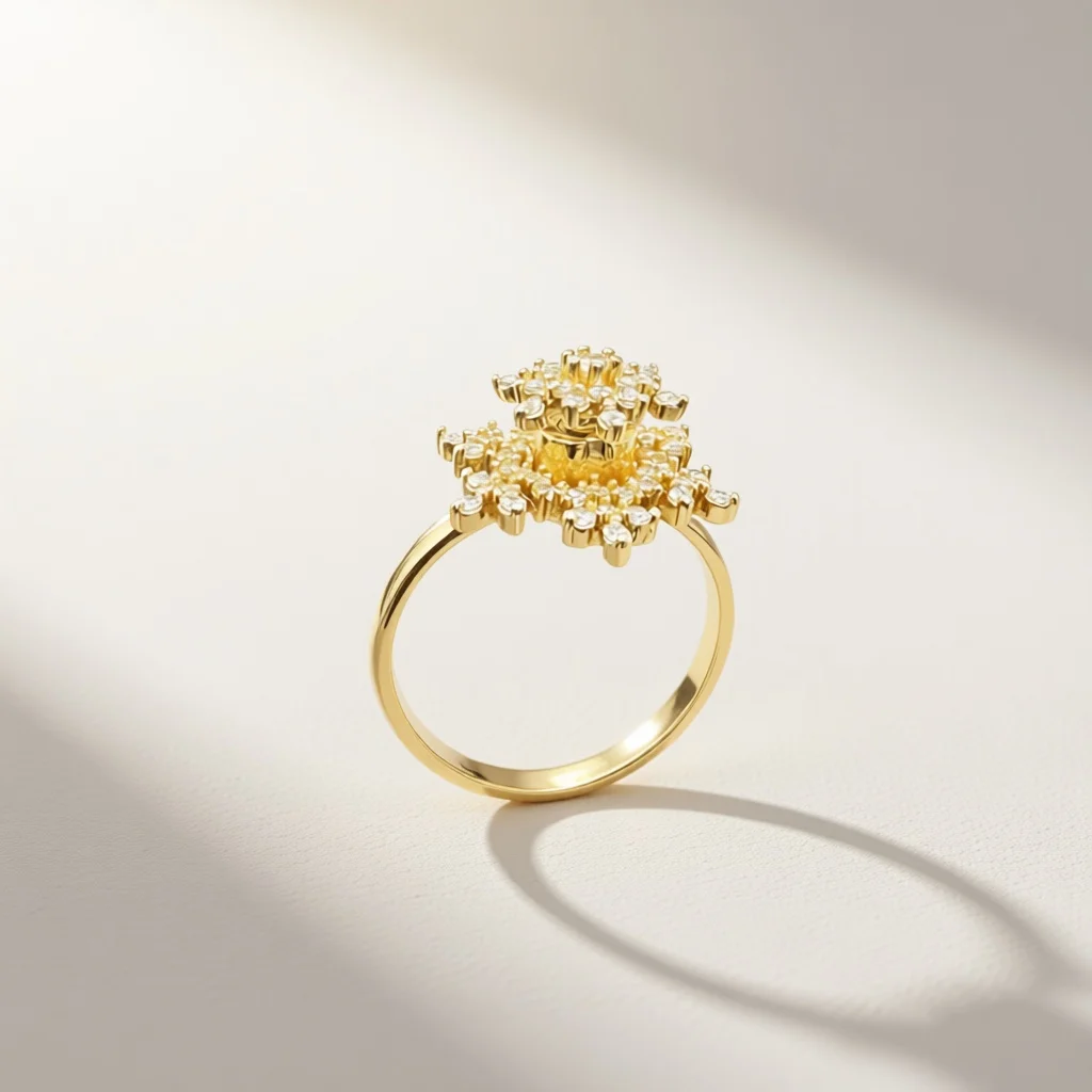 Golden three-dimensional flower cluster women's rotating opening ring, stress relieving rotating ring, atmospheric daily jewelry
