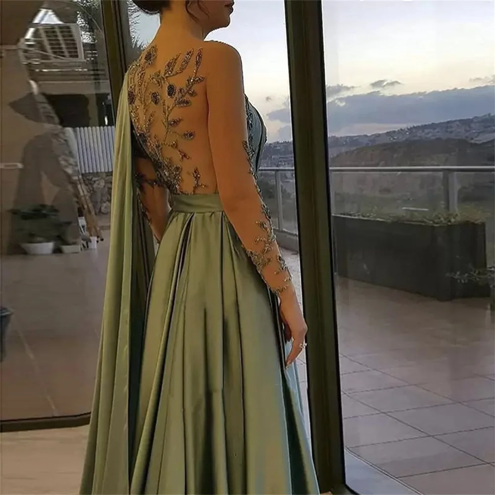 Arabic One Shoulder Olive Green Muslim Evening Dress with Cape PromPure Color Islamic O-Neck Pageant Gowns Custom Robe De Soiree