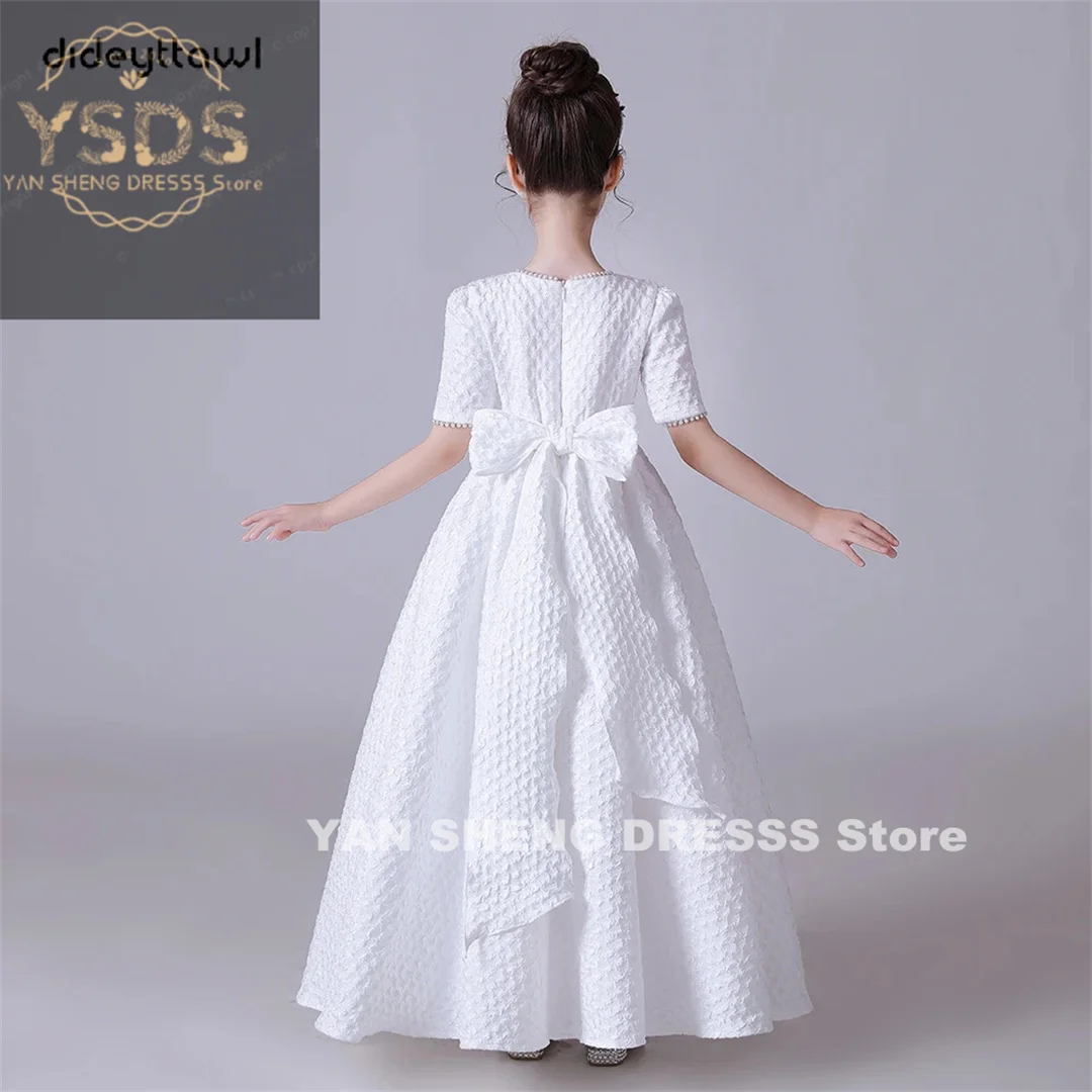 White Puff Skirt Elegant Flower Girls Dress For Wedding Party Short Sleeves Concert Junior Bridesmaid Gown