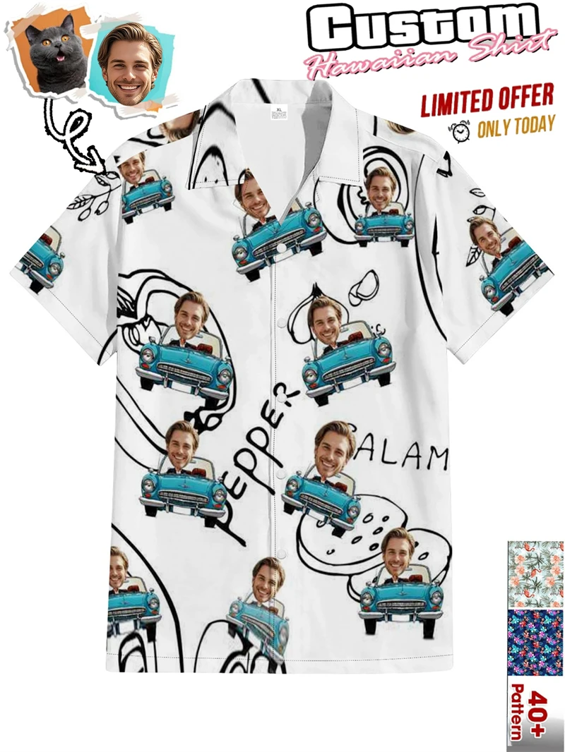 

2026 Мужские гавайские рубашки с индивидуальным дизайном (с изображением питомца), забавный пляжный принт, на пуговицах, повседневная летняя одежда для вечеринок, для мужчин и женщин