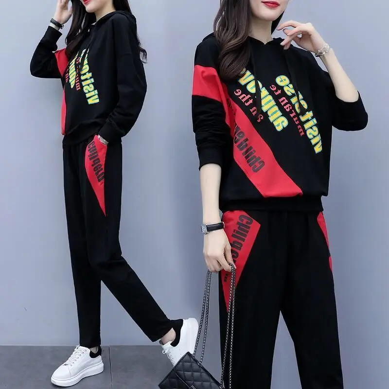 Autumn Winter Women Warm Plush Hooded Sweatshirts Pants Two-Piece Sets Lady Falls Casual Sporty Letter Tops Trousers Outfits