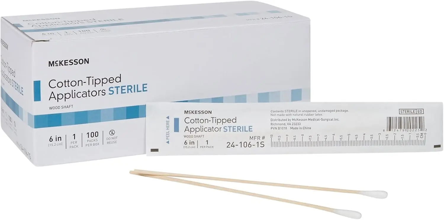 

Cotton Tipped Applicator, 6 in [100 Count] Long Sterile Medical Swabs, Individually Wrapped, Wood Shaft
