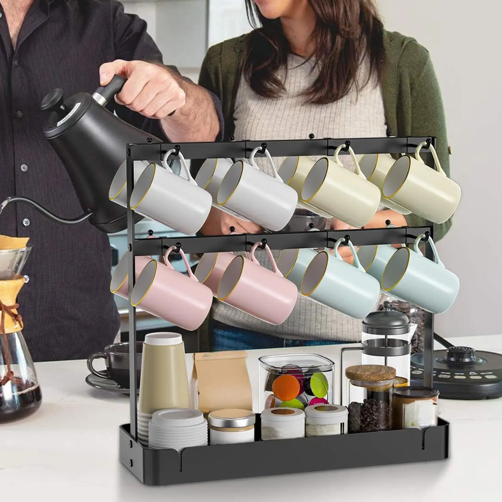 

Держатель для кофейной кружки, двухъярусный с подставкой для хранения для кофейной станции, бара, кухни