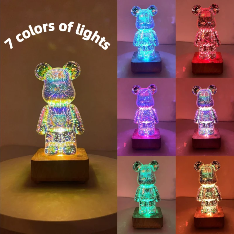 Fireworks Night Light 3D Bear Glass Led Lamp Room Decor Atmosphere Colorful Lights for Coffee Bar Bedroom USB Wood Base Lighting