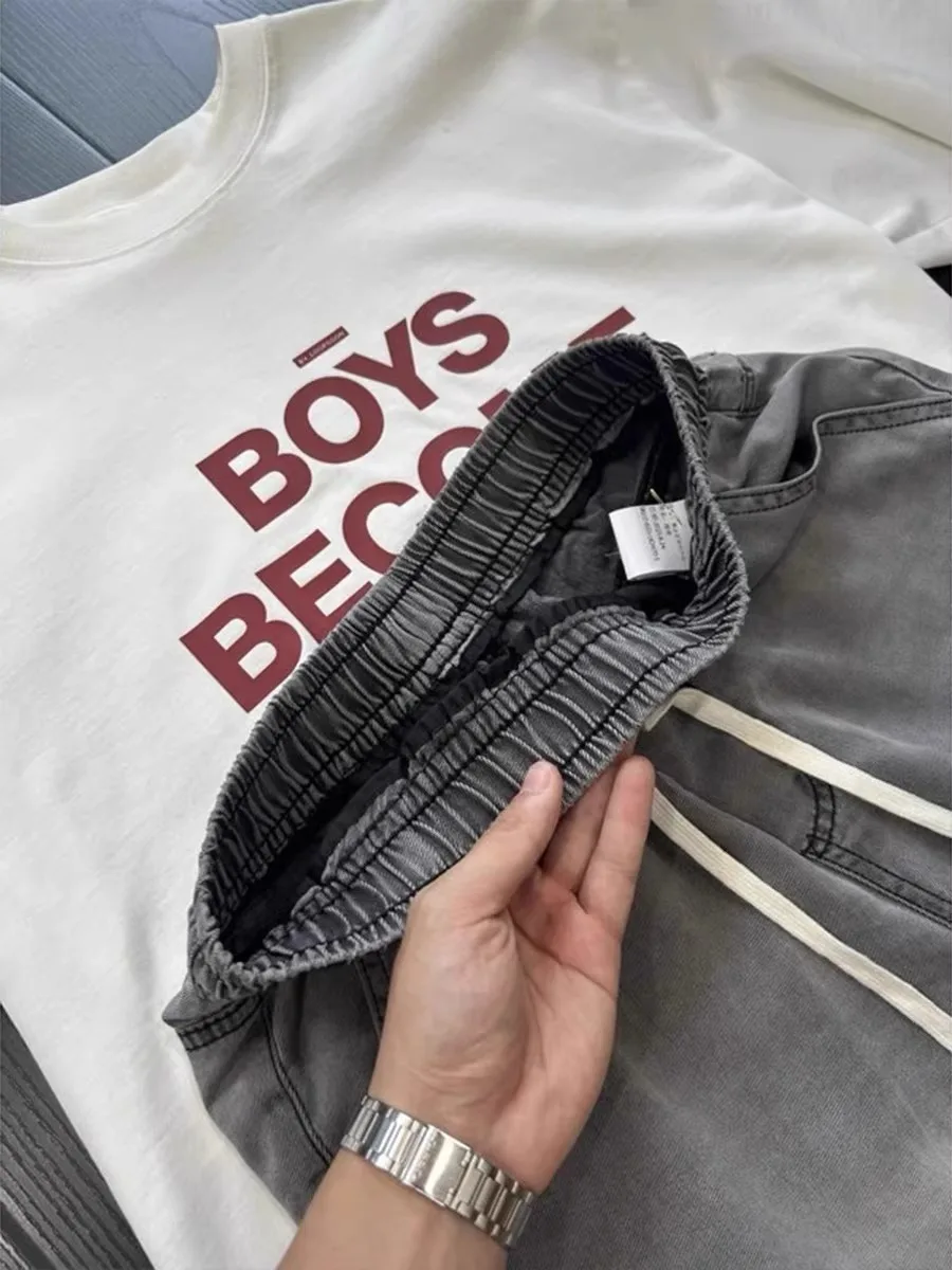 E ey الجليد الحرير الجينز الرجال الصيف مرونة الخصر واسعة الساق السراويل الطويلة الأمريكية الرجعية خفيفة الوزن مستقيم الساق السراويل #3