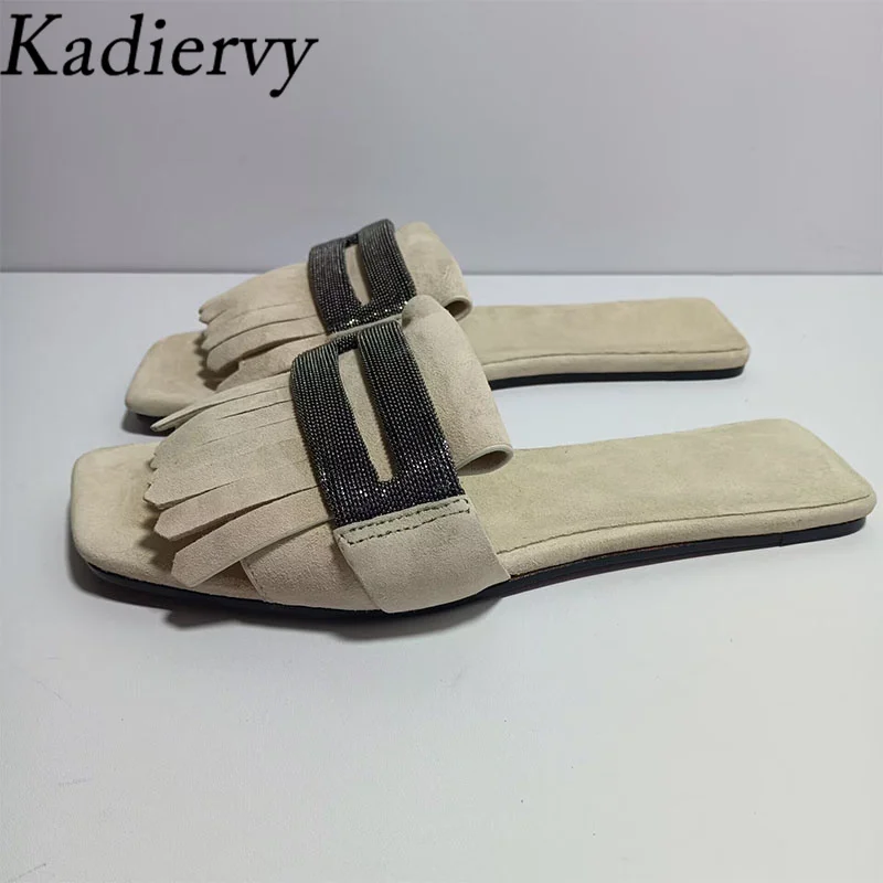 

Летние женские тапочки из коровьей замши на плоской подошве, женские шлепанцы с цепочкой и бахромой из бисера, современные женские тапочки с квадратным открытым носком