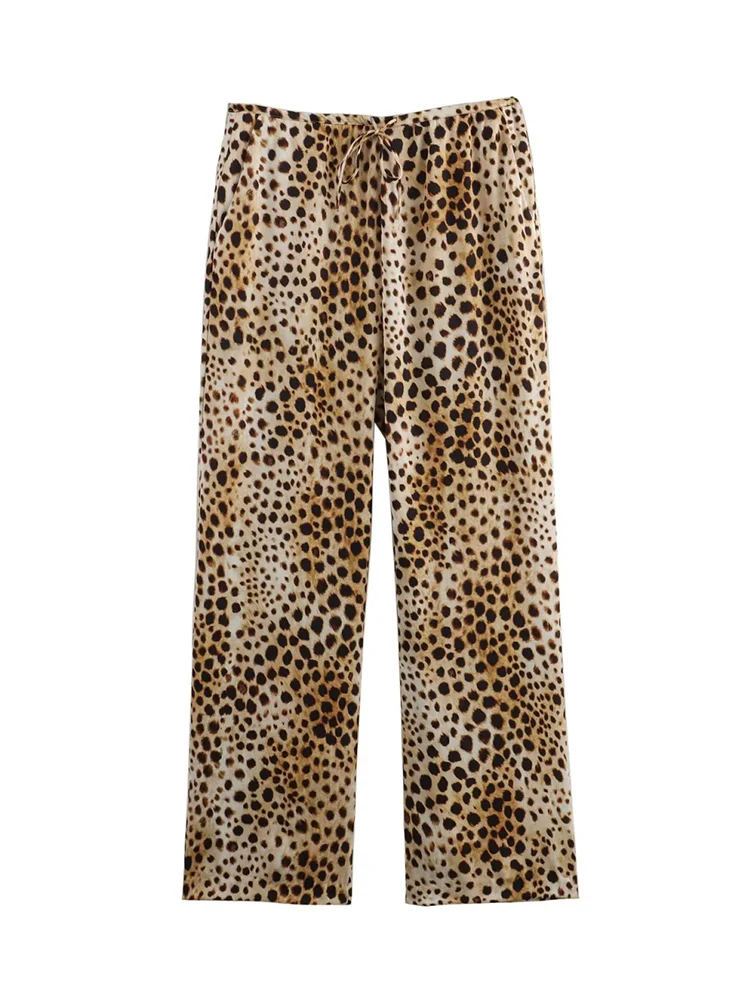 TRAF 2 Piece Fashion Women Leopard Print Pant Sets Asymmetrical Camisole Tops With Belt +Casual Drawstring  Wide Leg Pants Suit