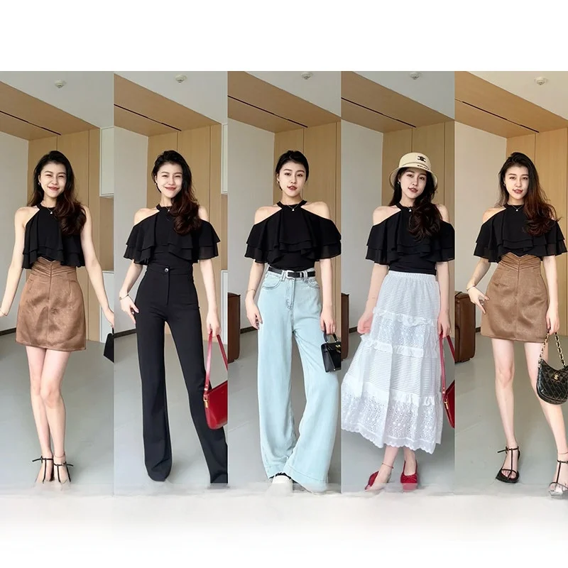 

Faionable Versatile oulder Bared Two-Way Wear Ne Lace Trim V-Waist f Skirt Top for Summer Casual Sle Women's Set