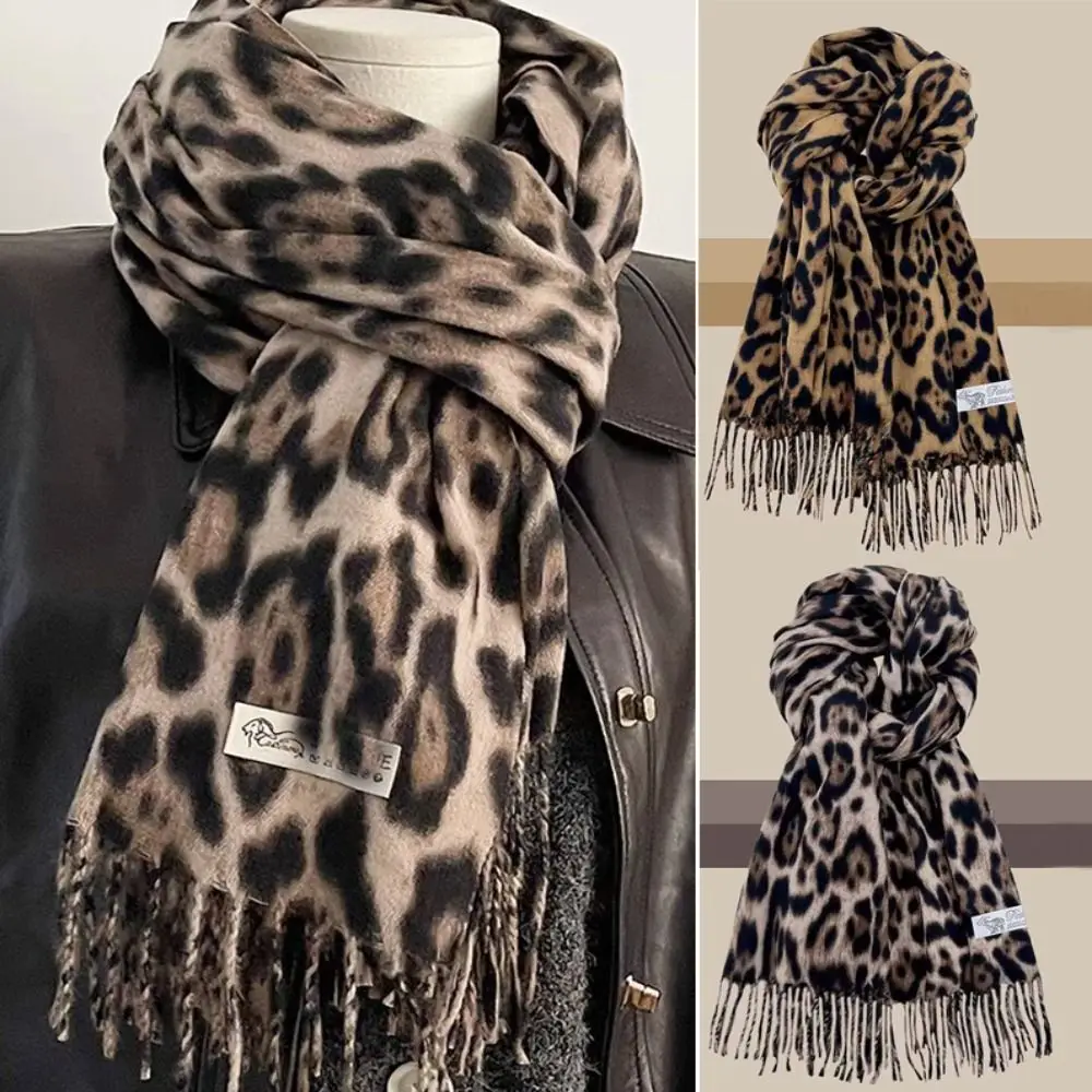 Vintage Leopard Tassels Shawl Imitation Cashmere Thickened Winter Warm Scarf Windproof Foulard Pashmina Hijabs for Women Man