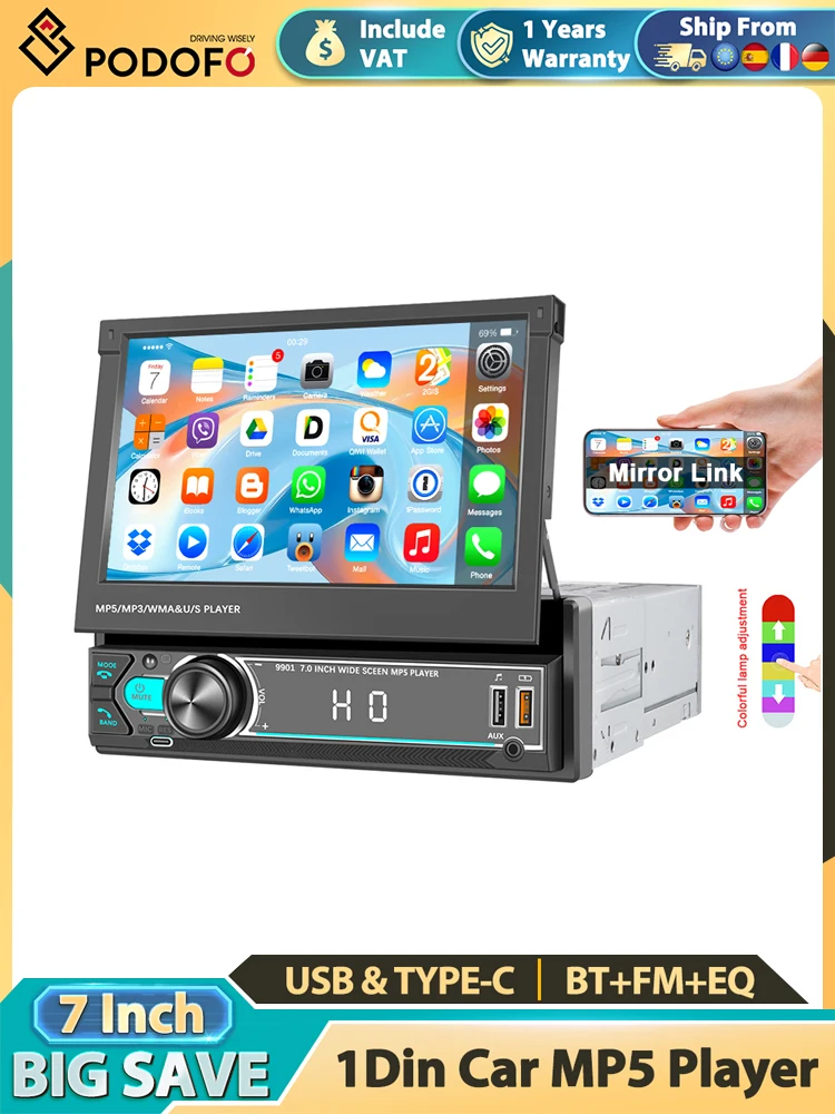 Podofo 1 Din Inteligentny System Samochodowy 7" Ręcznie Wysuwany Ekran Dotykowy Odtwarzacz Multimedialny MP5 Bluetooth USB AUX — 2