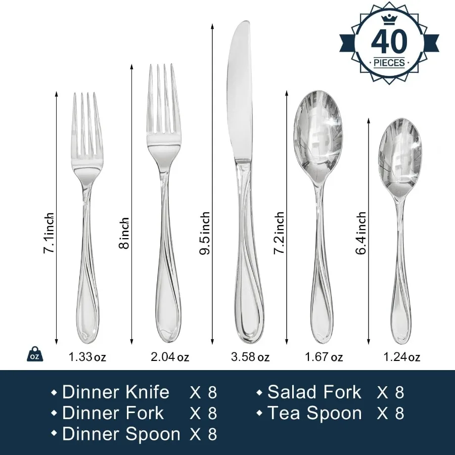 Set Peralatan Makan Wave Design Silverware untuk 4 Orang, 20 Buah, Set Peralatan Makan Artistik dari Baja Anti Karat dengan Pola Fibonacci, Berkualitas Tinggi, Permukaan Cermin