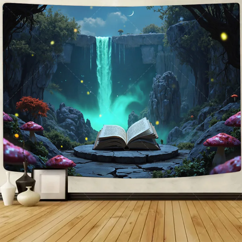 

1pc Wall Tapestry Enchanted Forest Waterfall Tapestry with Glowing Mushrooms and Open Book