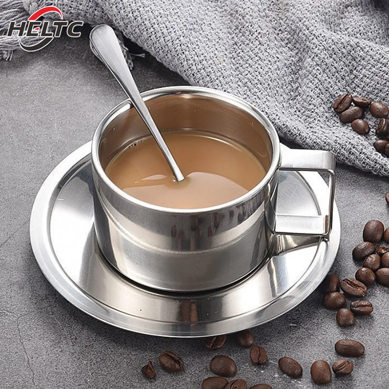 3pcs Stainless Steel Coffee Cup Set Double Walled Heat Resistant Mug With Saucer Spoon Drink Tableware Kitchen Cafe Accessories