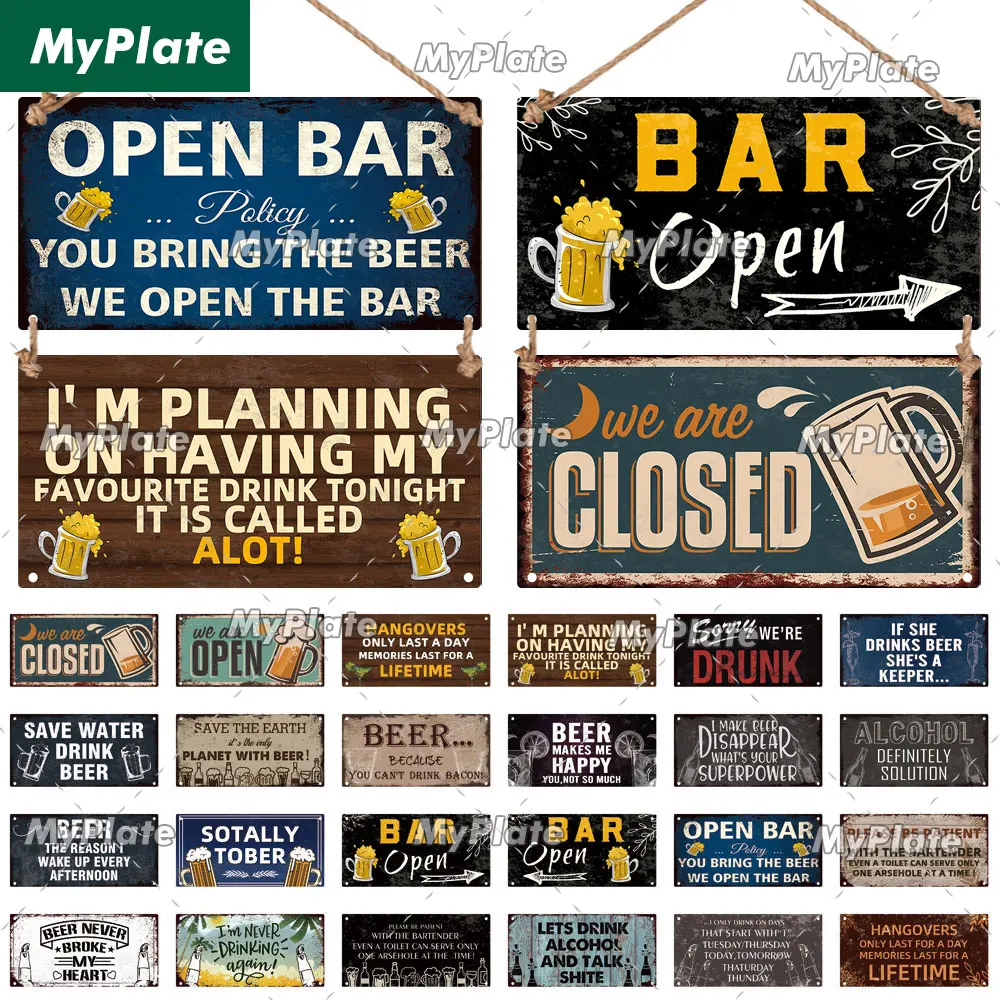 [MyPlate] Open Beer Bar Wooden Wall Plaque Sign Wood Plate Home Door Wall Deocr Decoration Man Cave Hanging Sign House Gift