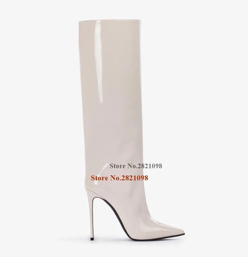 Sleek 12 Cm High Stiletto Heel Milk White Vinyl Tube Boots Pointed Toe Thin Heeled Pull On Fashion Boot Woman's Shoes