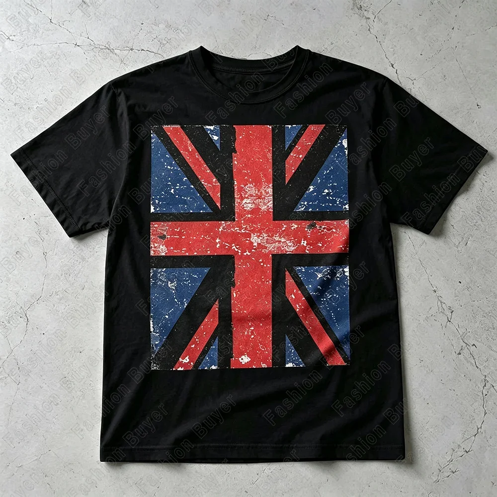 Union Jack Pattern (London, UK) Print T-Shirt Unisex Crew Neck Short-sleeved Overs Retro Street Y2K Casual Fashion Tops Clothing