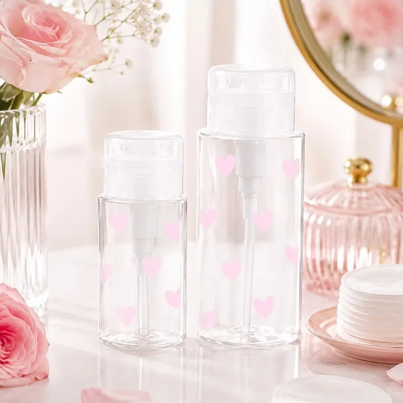 Refillable Leakproof Press Top Container for Cotton Pads, Salon Travel，Pink Heart Nail Polish Remover Pump Dispenser Bottle