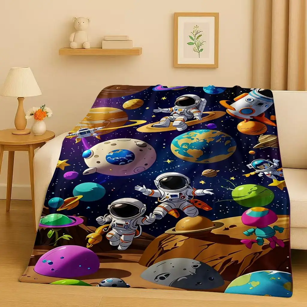 Cartoon Astronaut Spaceman Planet Flannel Blanket,Ultra Soft Plush Throw for Home Bedroom Bed Sofa Cover Kid Christmas Gift