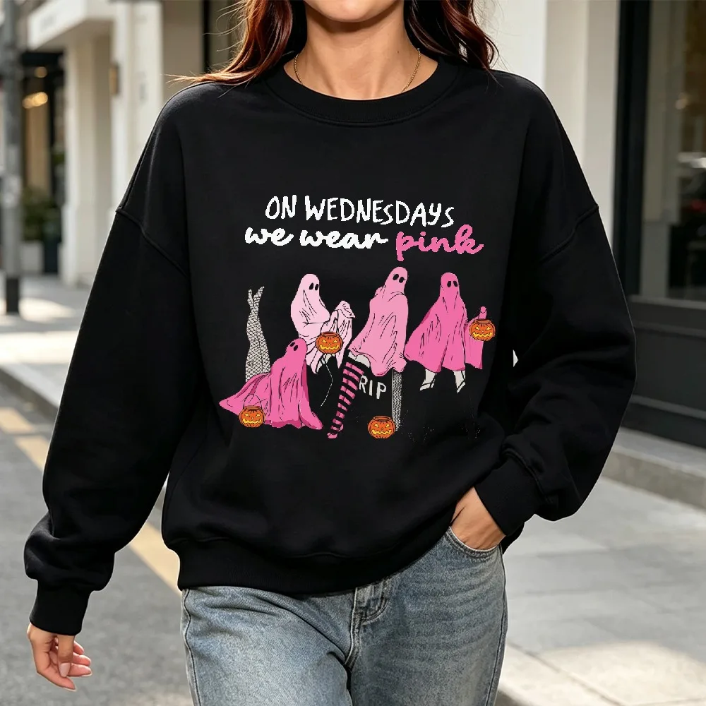 On Wednesdays We Wear Pink Ghost Halloween Print Ladies Crew Neck Sweatshirt Breast Cancer Awareness Long Sleeve Fashion Apparel view 5