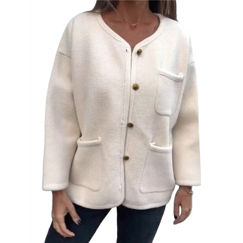 

ABAE-Women's Autumn And Winter Fashion Casual Round Neck Long Sleeve Button Woolen Coat With Pockets