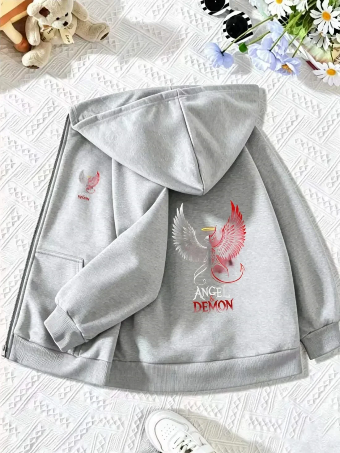 Kids Zip Up Hoodie Angel Demon Wings Graphic Print Autumn Winter Fleece Lined Warm Casual Hooded Sweatshirt Streetwear