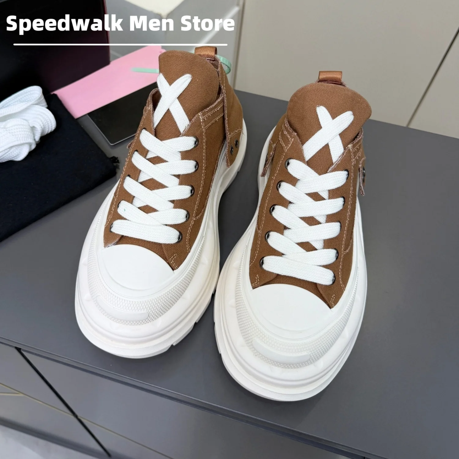 Men Fashion Lightweight Denim Canvas Platform Sneakers Lace Up Height Increasing Non Slip Casual Street Walking Skate Shoes