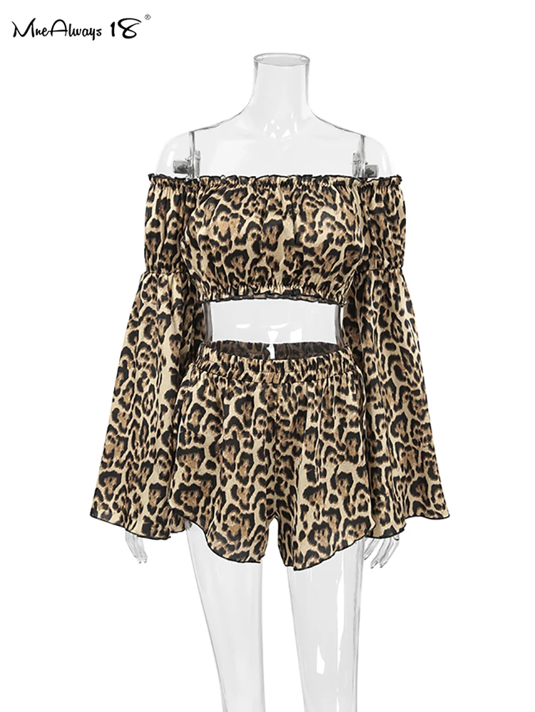 Mnealways18 Leopard Print Causal Sleepwear Shorts Suits Flare Sleeve Cropped Tops And Shorts Two Pieces Sets Summer Autumn 2024