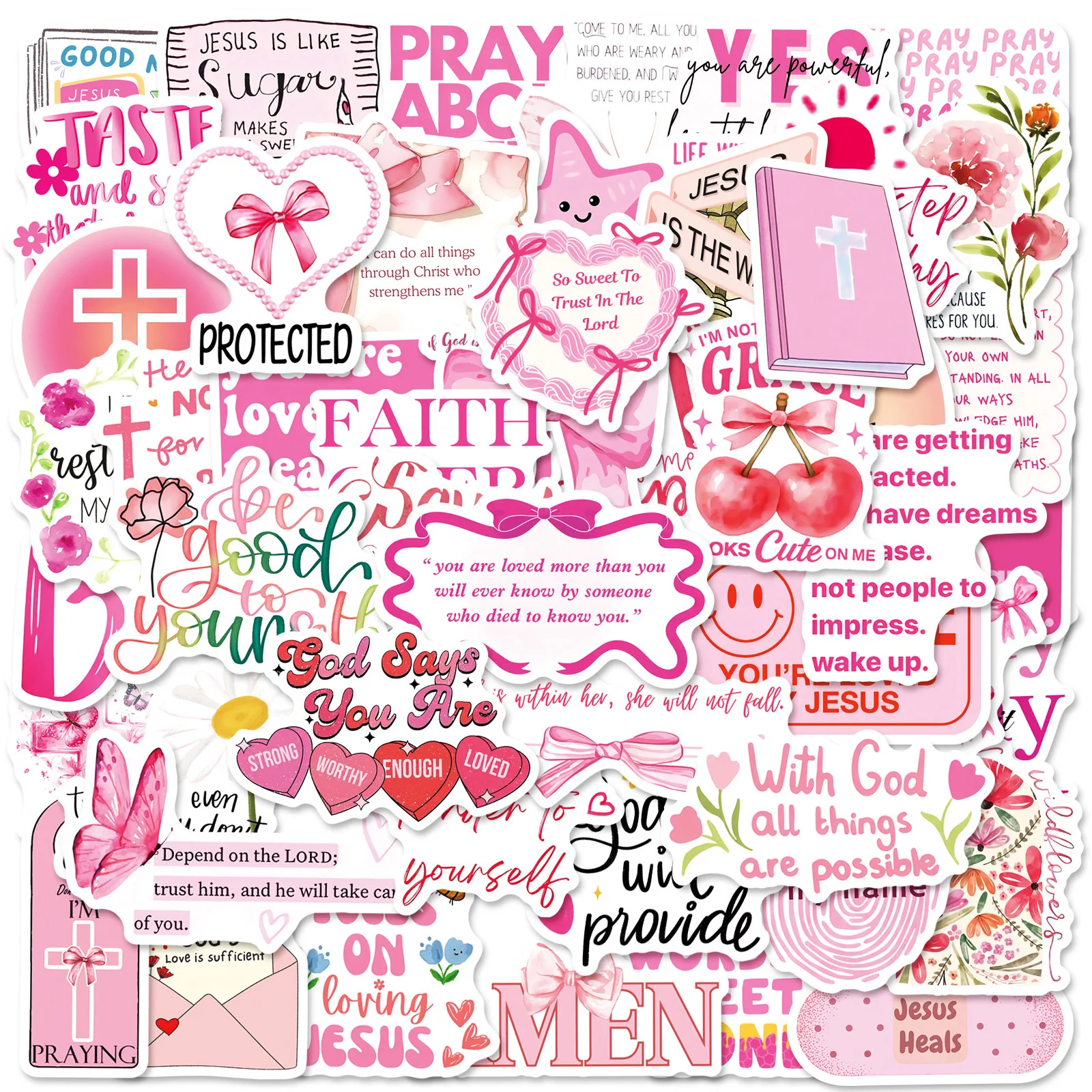 

50Pcs Pink Jesus Bible Stickers Graffiti Inspirational Words Decals DIY Waterproof Stationery Suitcase Water Bottle Sticker