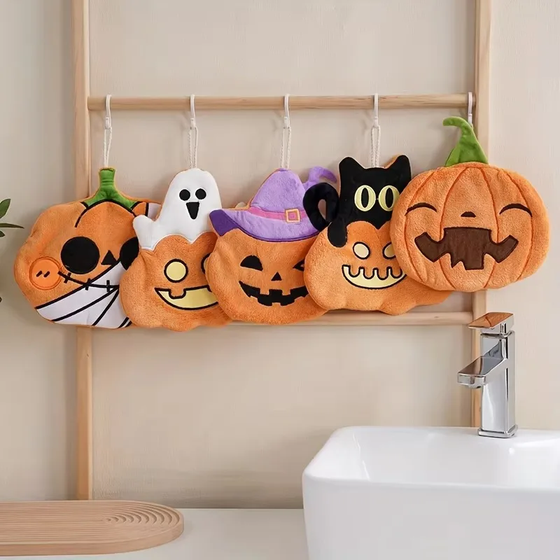 Cute Halloween Themed Hand Towel Pumpkin Black Cat Ghost Design Hanging Absorbent Towel Bathroom Kitchen Decor
