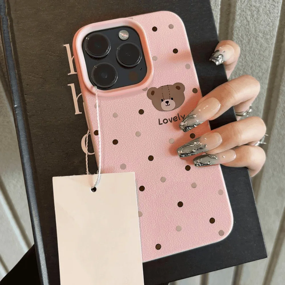 Lovely Bear Phone Case For iPhone 13 Case iPhone 16 Pro 11 12 14 15 Pro Max 16 Plus Leather Litchi Pattern Shockproof Soft Cover