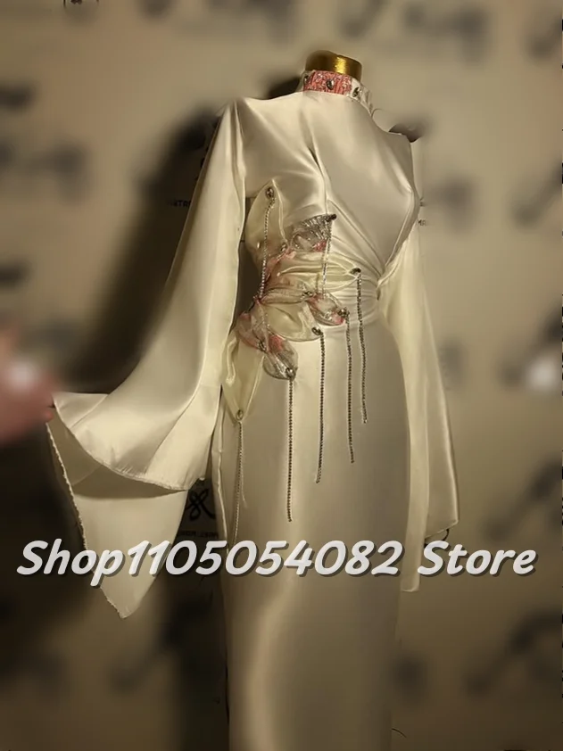 Customised High Neck Gorgeous Evening Dress Ivory Bell Sleeves Applique Studs Beading Fringe Satin Straight Prom Dress