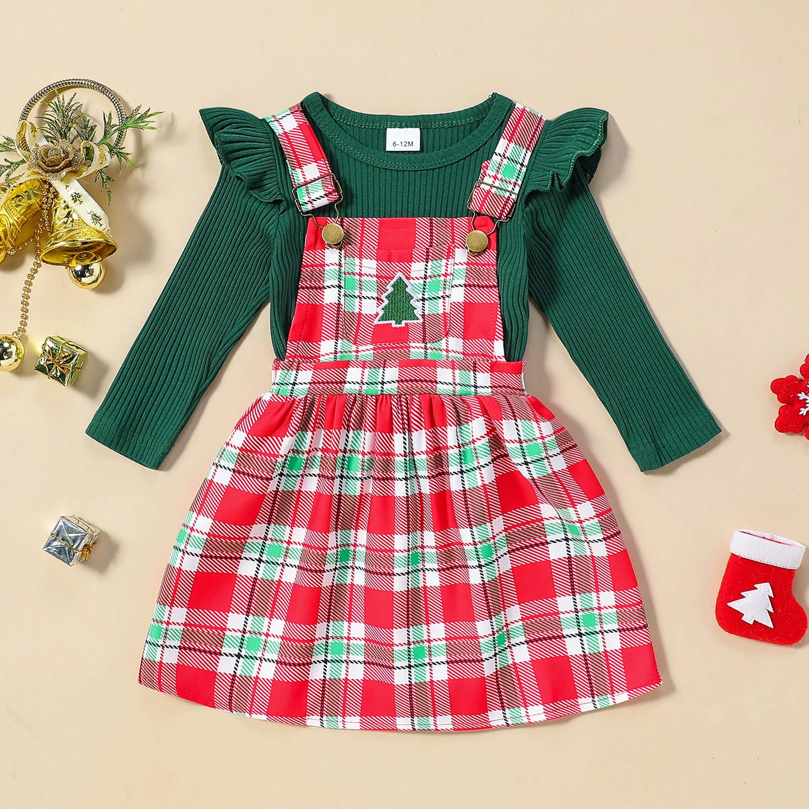 

Toddler Girls Christmas Long Sleeve Ribbed T Shirts Tops Xmas Plaid Printed Suspender Skirts Two Pieces Outfits Kids Clothes