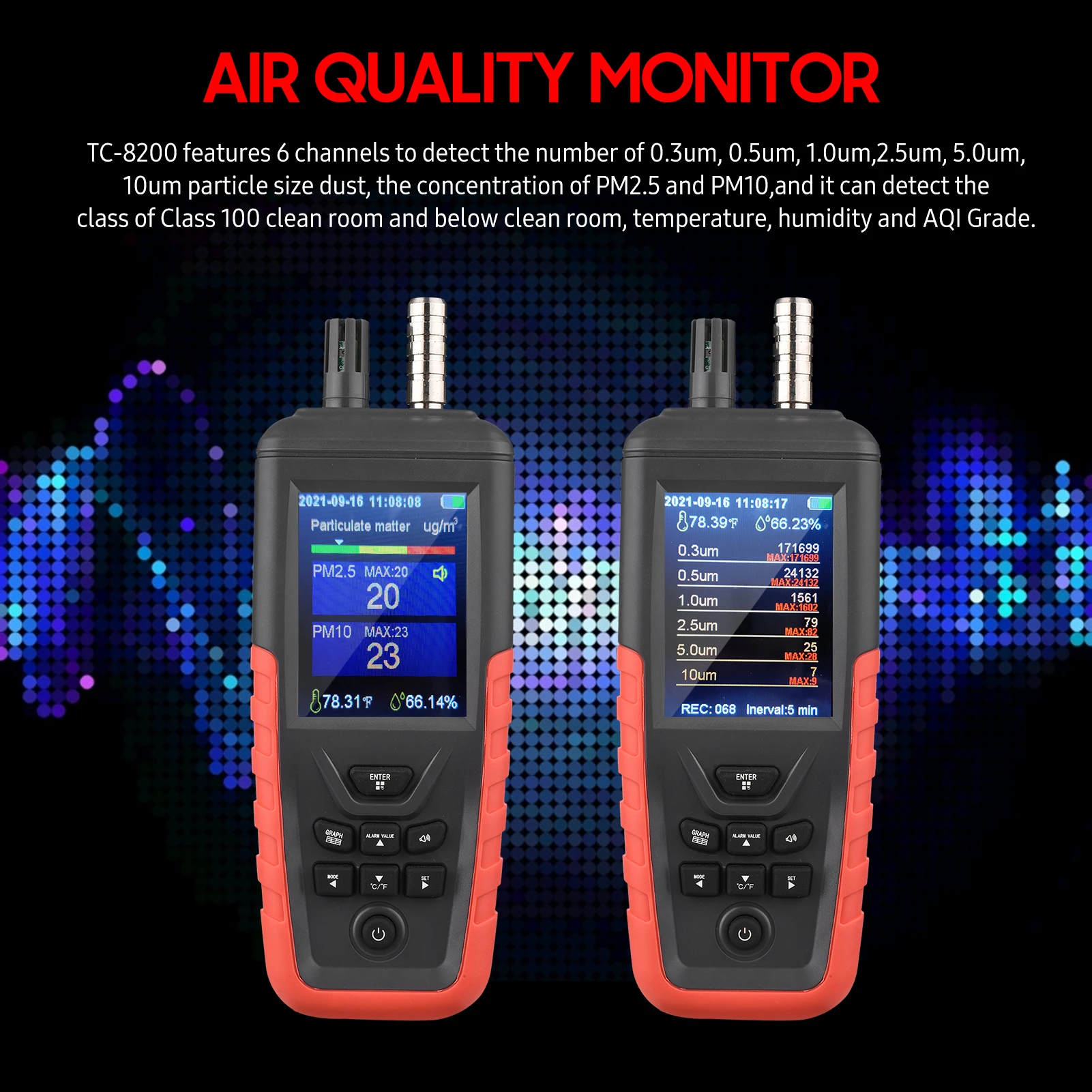 TC-8200 الغبار الجسيمات عداد PM2.5 PM10 كاشف الغبار تركيز تستر درجة الحرارة الرطوبة متر لغرفة نظيفة 100-class