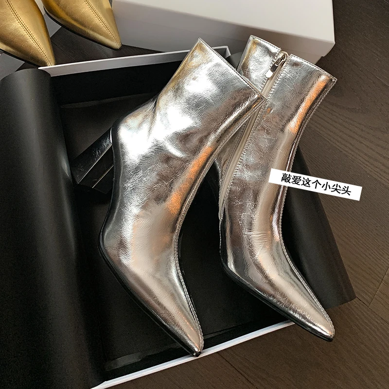 Fashion Sexy Party Square Heel Women's Boots 2024 Autumn and Winter Hot Selling Comfortable High Heel Women's Boots Gold Silver