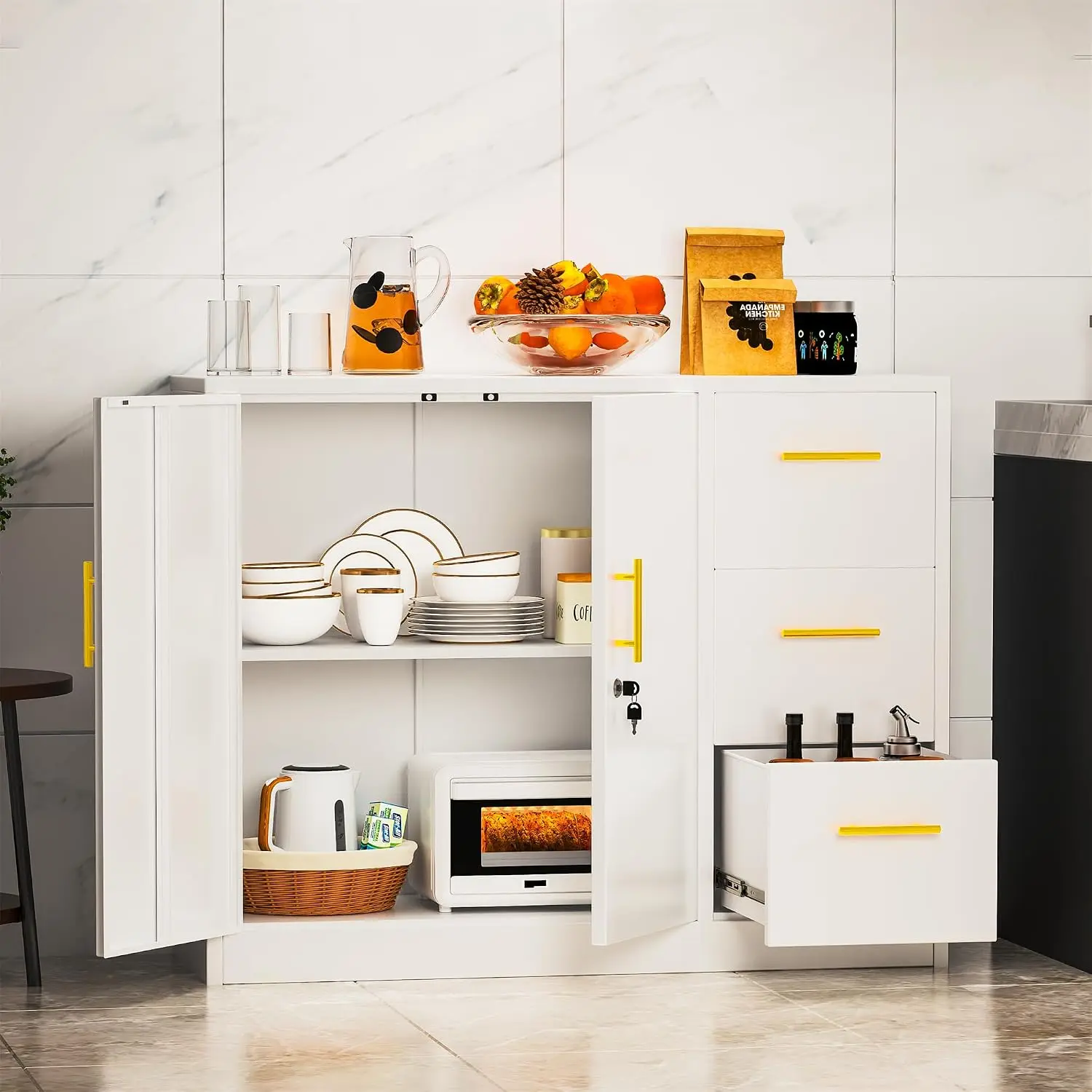 Metal Sideboard Cabinet with 2 Doors & 3 Drawers, Lockable Storage Console for Kitchen Dining Living Room, Customized
