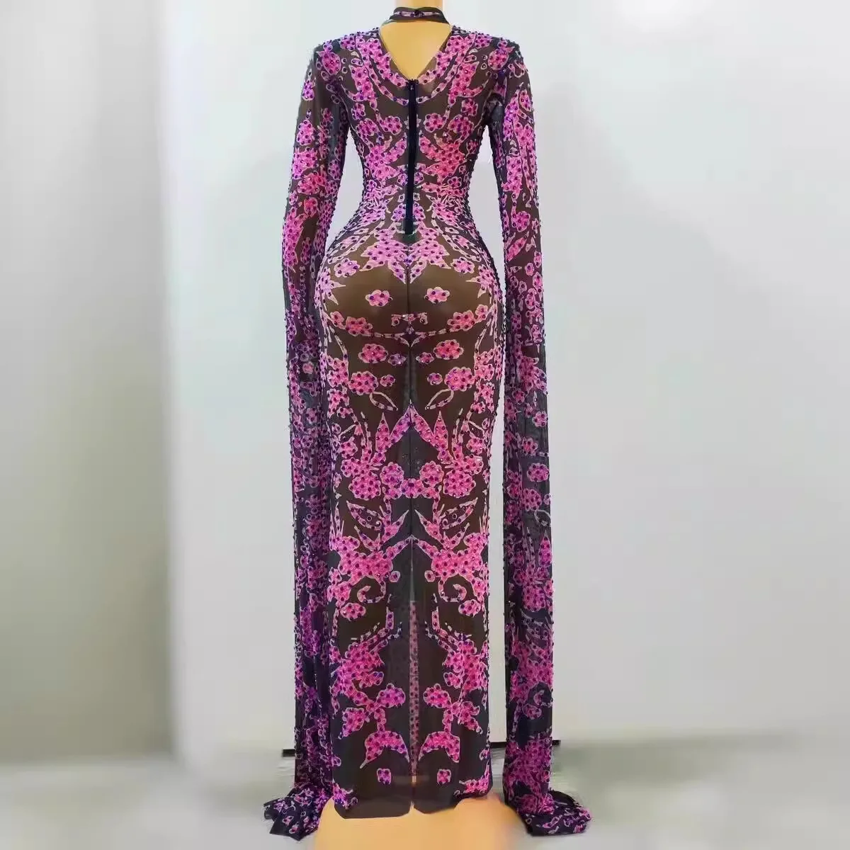 الموضة الراقية الياقة المدورة متعدد الألوان حجر الراين بأكمام طويلة شبكة سوداء فستان أنيق Vestidos Elegantes Para Bodas Invitados