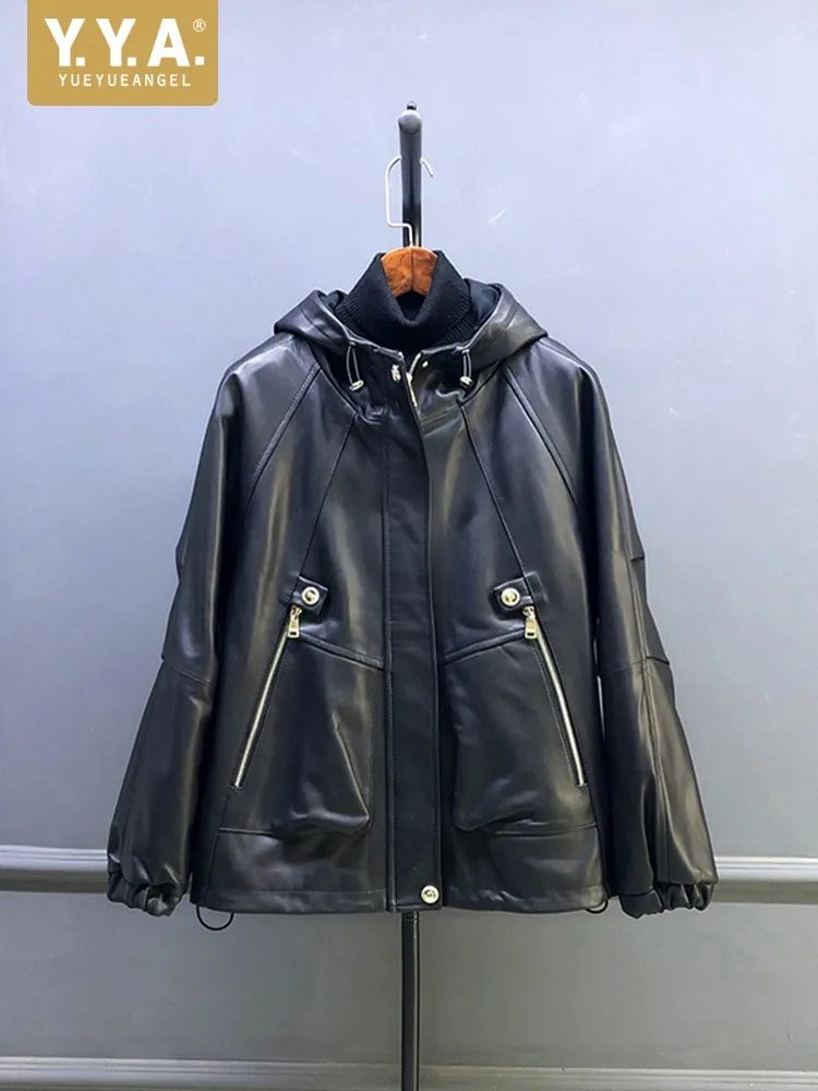 เสื้อแจ็คเก็ตหนังแกะแท้สำหรับผู้หญิง สไตล์ลำลอง ทรงหลวม มีฮู้ด ซิป  สำหรับฤดูใบไม้ร่วง ลดราคาพิเศษ